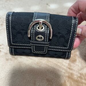Coach Signature Black Fabric & Leather Wallet with Silver Buckle